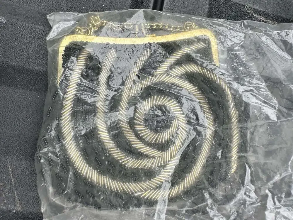 Regale Ltd. Vintage Black and Gold Swirl Beaded Evening Clutch Bag with Chain